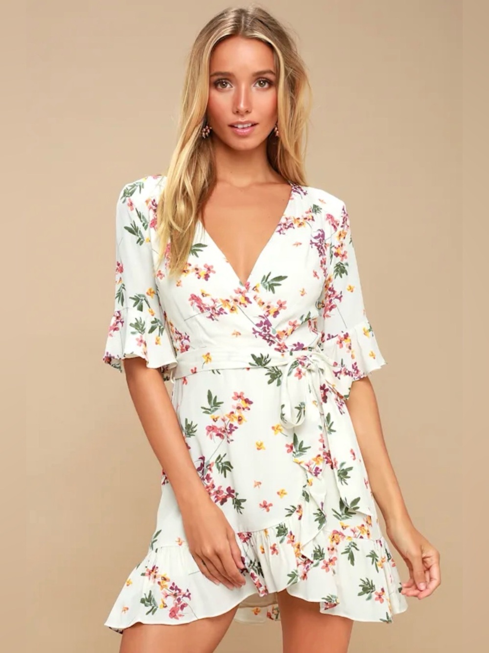 Lost + Wander Regina Cream Floral Print Ruffled Surplice Dress